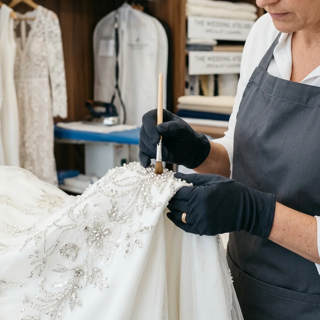 Expert inspecting a wedding dress