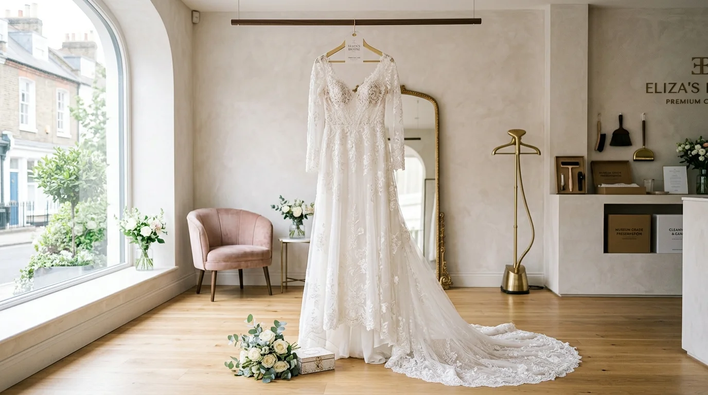 Master artisan inspecting a pristine white wedding gown in a luxury boutique