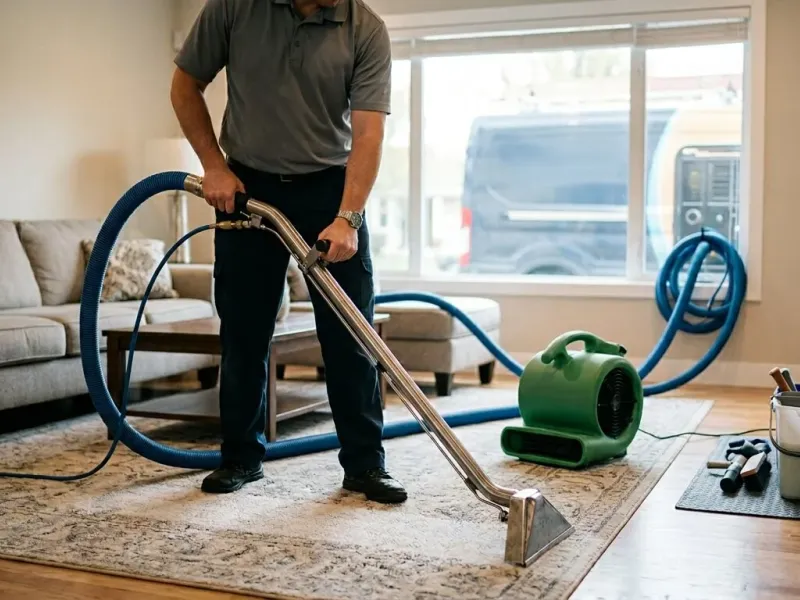 Carpet cleaning technician working in a living room