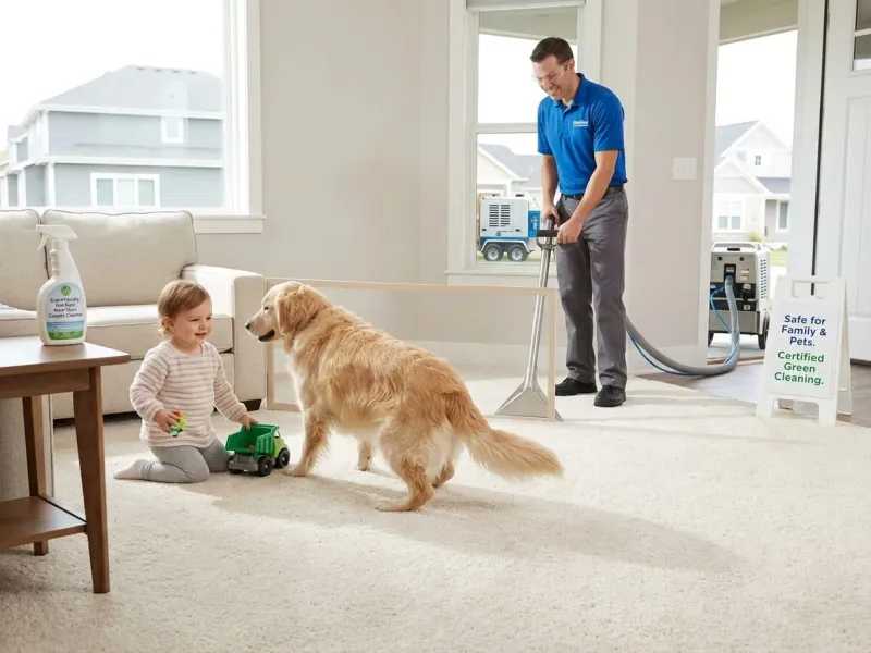 Child and dog playing on a clean carpet at home
