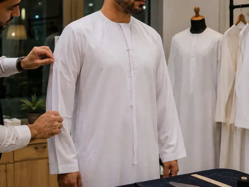 How to alter a Kandura for perfect fit in the UAE showing professional tailoring and measurement techniques