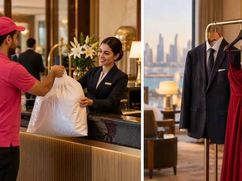 Laundrykhalas driver at a Palm Jumeirah hotel reception desk, beside a suit and an evening dress ready for dinner