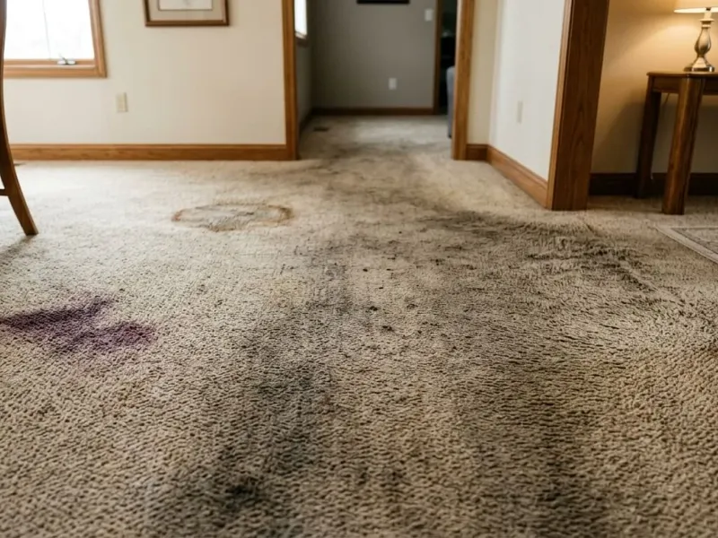 Close-up of carpet fibers showing dirt and wear