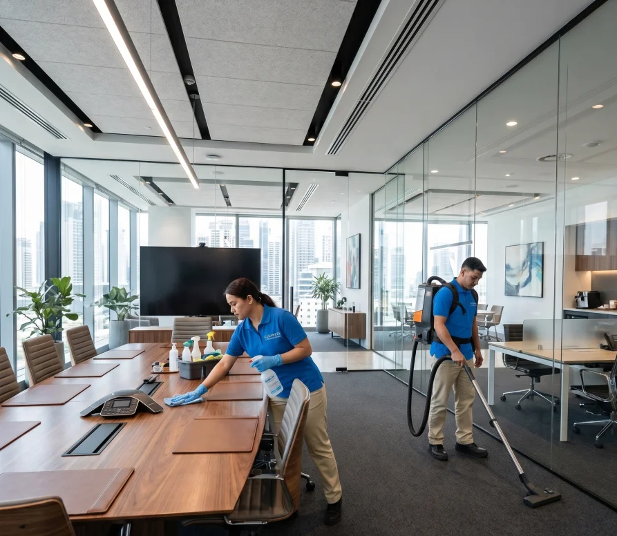 Professional commercial cleaning team in a modern UAE corporate office