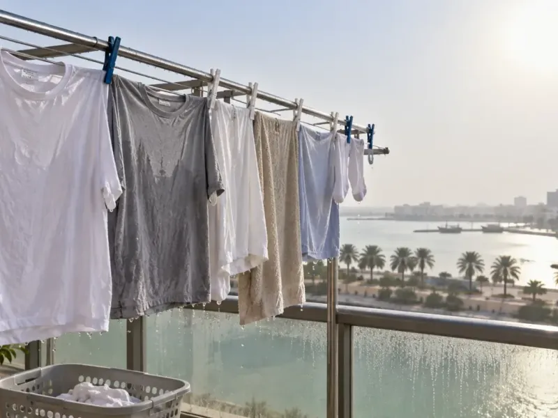 Laundry hanging in the humid coastal air of Al Khor, Qatar, with the shallow bay behind