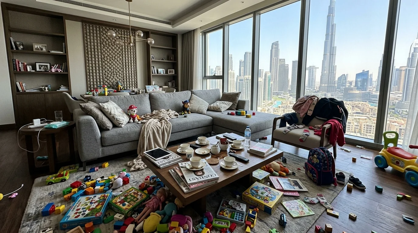 Messy living room before house cleaning in Qatar
