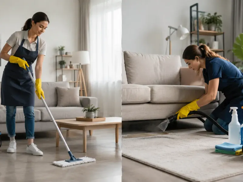 Side-by-side comparison of deep cleaning and regular cleaning in a Qatar apartment