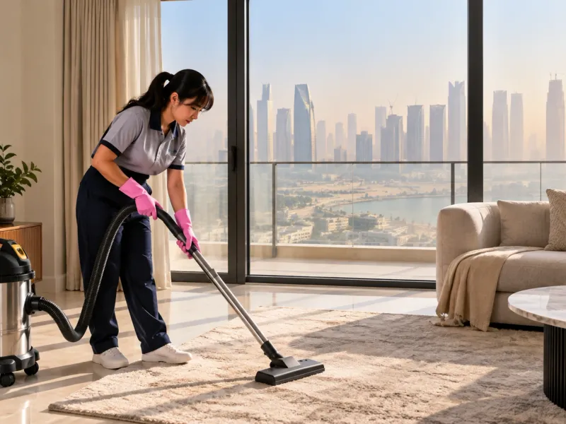 Laundrykhalas cleaner vacuuming dust from a rug in a Doha apartment on a hazy day
