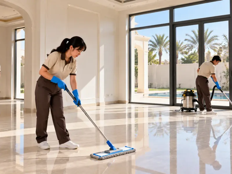 Laundrykhalas team cleaning an empty villa in Umm Salal before handover