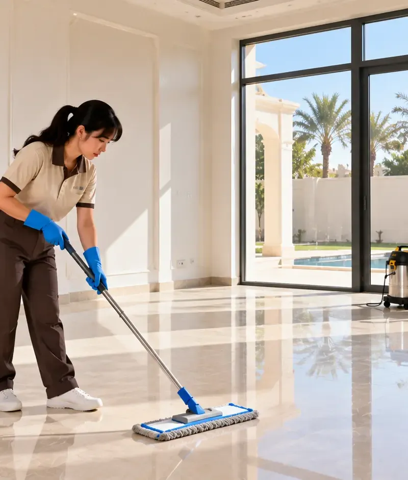 Mopping marble floors in an empty Umm Salal villa
