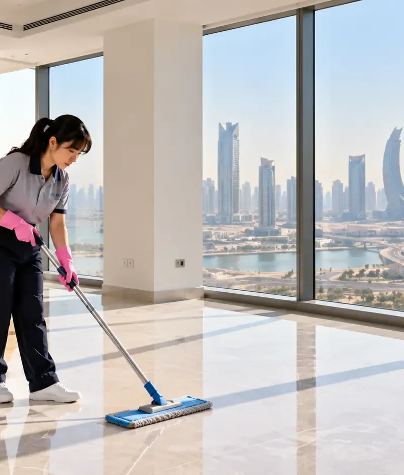 Mopping a new marble floor in a Lusail tower apartment
