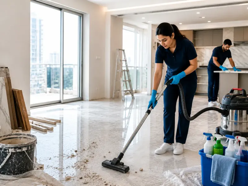 Post-renovation cleaning in progress showing dust removal and surface restoration in a Qatar home