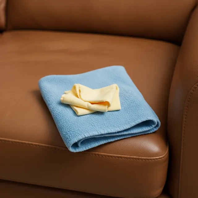 Buffing cloths resting on conditioned brown leather, leather care for Dubai