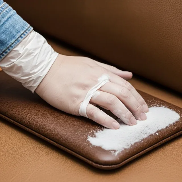 Gloved hand working cleaning product into a brown leather panel, serving Dubai