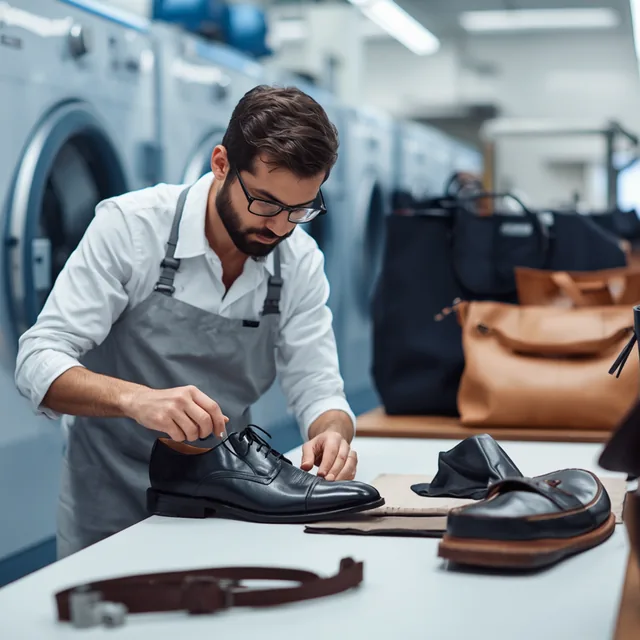 Technician inspecting leather goods at a bench, leather cleaning for Dubai