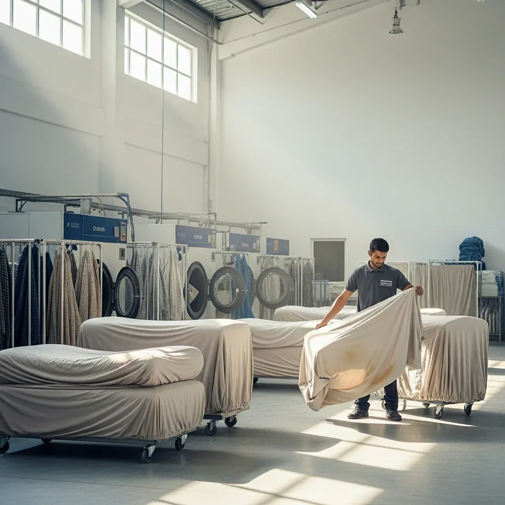 Technician lifting a cream sofa cover in a laundry facility, Laundrykhalas sofa cover cleaning UAE