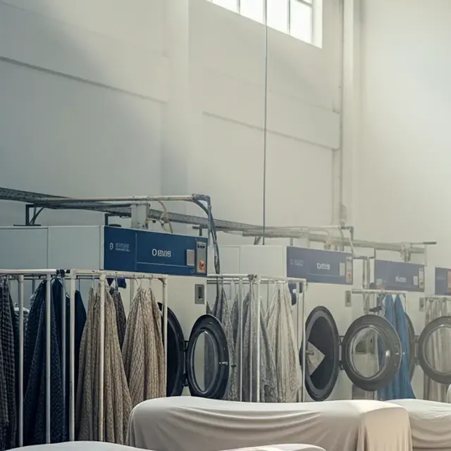 Bank of industrial washing machines with cleaned covers hanging on rails alongside