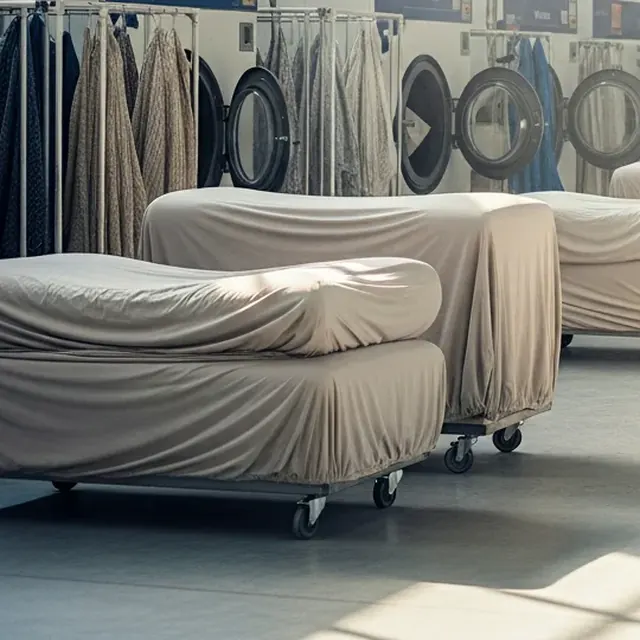 Cream sofa covers fitted over sofas on wheeled trolleys, waiting to be checked in