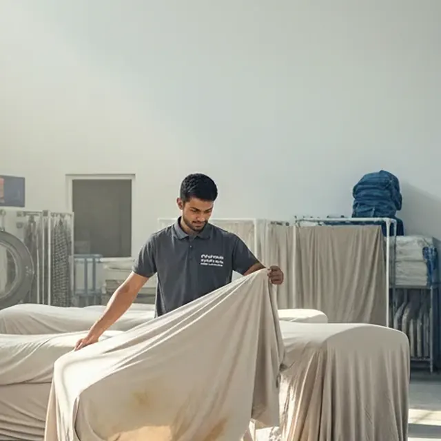 Technician spreading a pressed cream cover back over a sofa frame to check the fit