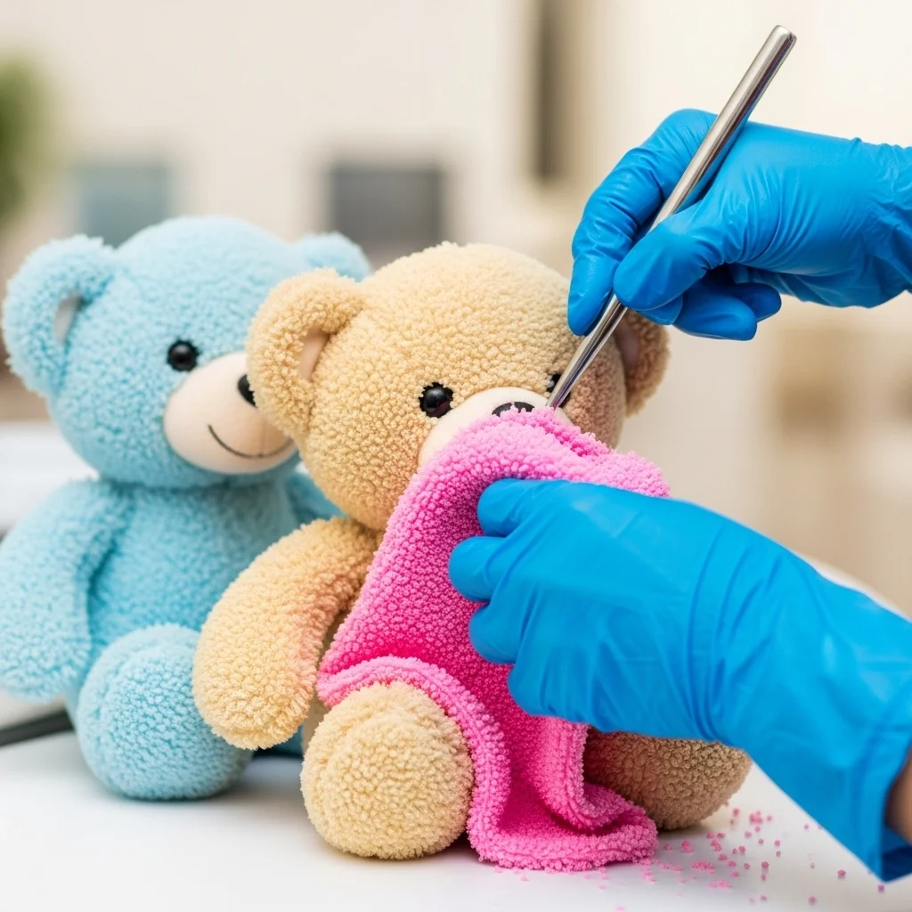 Gloved technician spot-cleaning a beige teddy bear, Laundrykhalas soft toy cleaning UAE