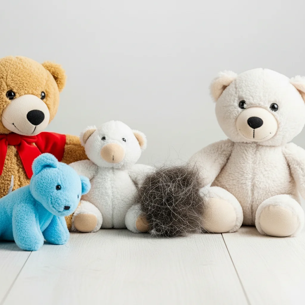 Four cleaned plush teddy bears beside a clump of fur and dust lifted out of them