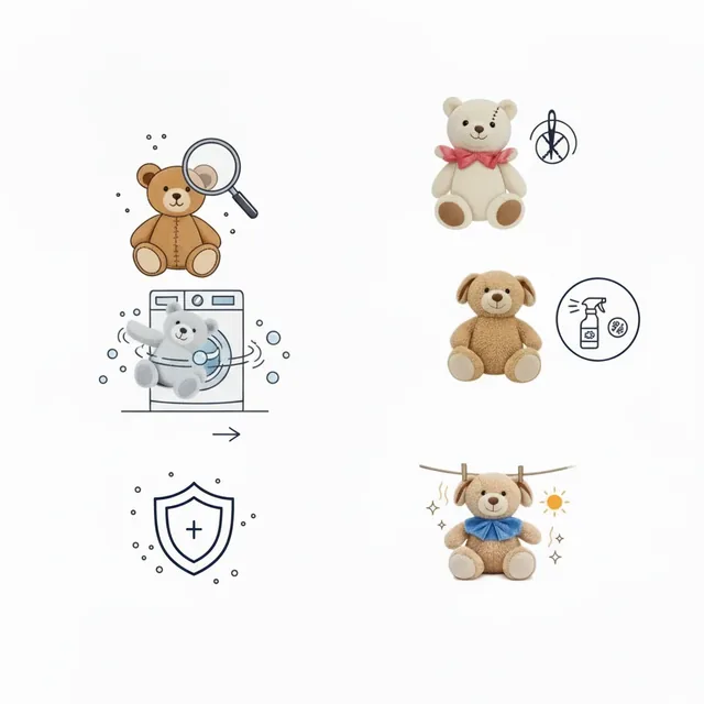 Illustrated soft toy cleaning process, from inspection and colour test through to drying