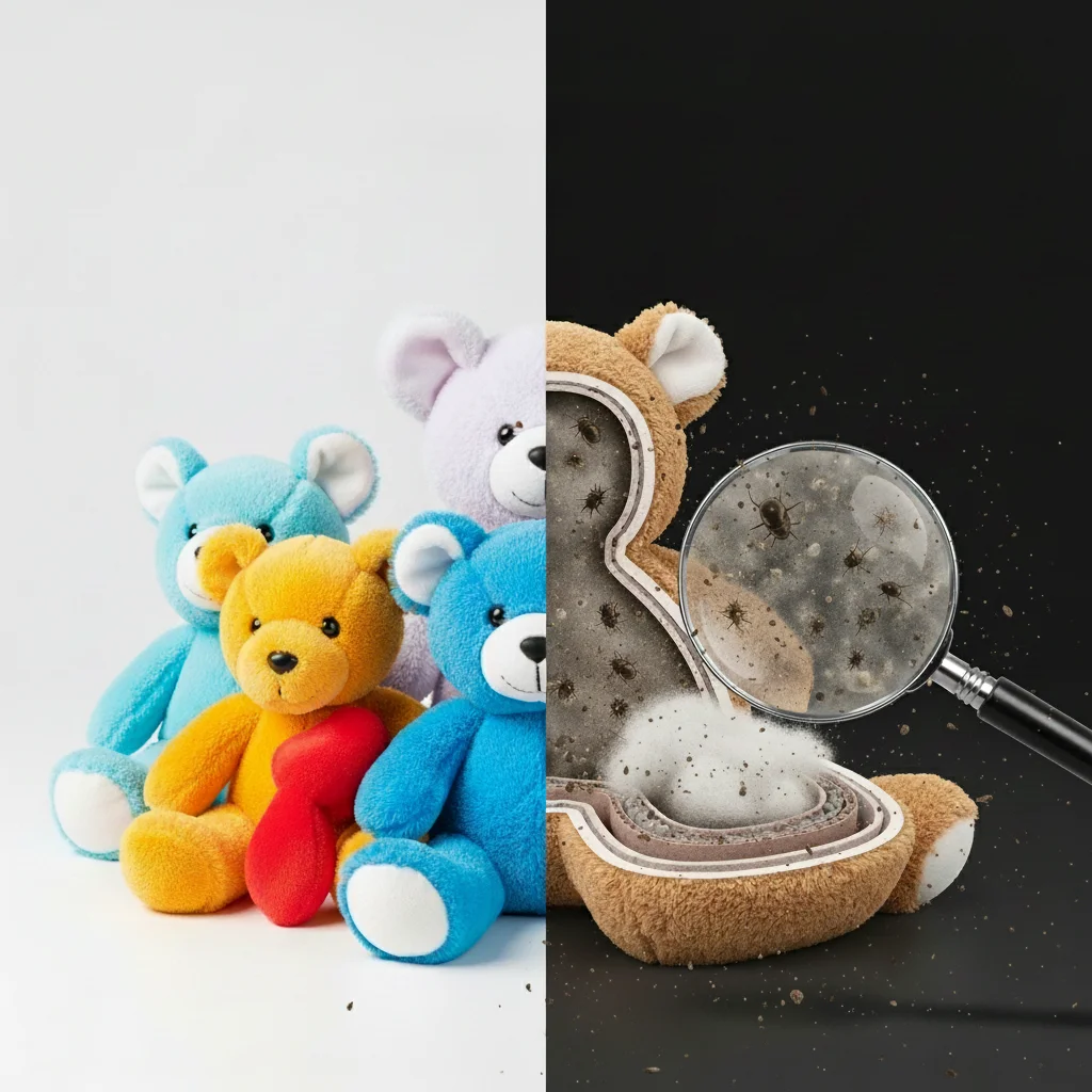 Split view of clean plush toys next to a magnified cross-section showing dust mites in the filling